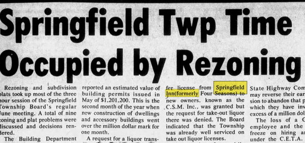 Springfield Inn Bar & Grill (Four Seasons Inn, Palmers) - Jun 15 1978 Article (newer photo)
